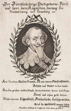 Herzog August d. J. von Braunschweig-Wolfenbüttel, in der Fruchtbringenden Gesellschaft „der Befreiende“. Porträtstich von Conrad Buno. Herzog August Bibliothek Wolfenbüttel: Porträtsammlung A 2314