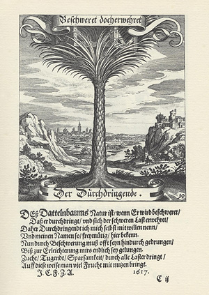 Imprese Fürst Johann Casimirs von Anhalt-Dessau, in der Fruchtbringenden Gesellschaft „der Durchdringende“. In: (Fürst Ludwig von Anhalt-Köthen u. a.:) Der Fruchtbringenden Gesellschafft Vorhaben/ Nahmen/ Gemählde Vnd Wörter, Frankfurt a. M. 1629/30, Bl. C ij r. Historisches Museum Köthen: V S 677 c (Gesellschaftsbuch Köthen, Bd. I).