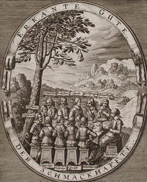 Peter Isselburg: Versammlung der Fruchtbringenden Gesellschaft in der Imprese Herzog Wilhelms IV. von Sachsen-Weimar, in der Gesellschaft "der Schmackhafte". Um 1622. In: Johann Christof Beckmann: Historie des Fürstenthums Anhalt, Zerbst 1710, Teil V, S. 482. Herzog August Bibliothek Wolfenbüttel: Gm 2° 19:2.